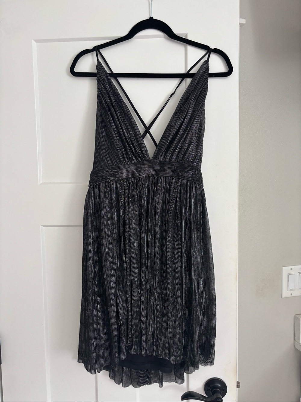 Women's Metallic Black Plunge V-Neck homecoming Party Dress